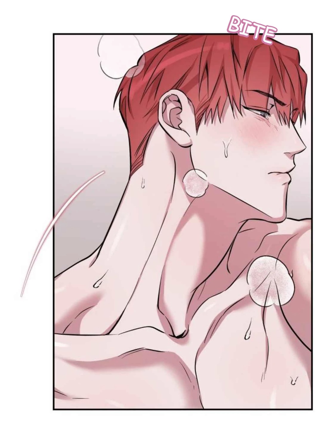 the image is a closeup panel from a manhwa (korean comic) or manga (japanese comic), likely belonging to the yaoi (male homosexual romance) genre. it features the upper body of a young man with vibrant red hair, shown from the back of his neck and shoulder up to the top of his head. his skin is depicted as wet, with small foam bubbles visible on his skin, suggesting he's recently showered or bathed. his facial expression is one of slight shyness or vulnerability, with a light blush on his cheeks.  the word "bite" is visible in a speech bubble in the upper right corner, suggesting an interaction or impending action. the overall style is characteristic of manga/manhwa art, using smooth lines and a focus on expressing emotional states through facial features and body language. the image has a soft, romantic, and suggestive tone.