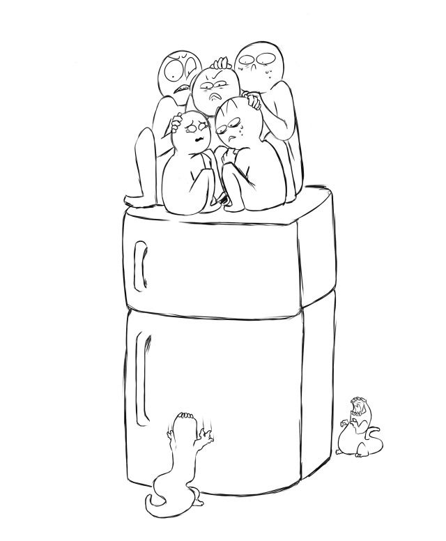 a sketch of a group of cartoon figures hiding from a monster. the figures are hiding on top of a refrigerator, while the monster is standing outside the fridge. one of the figures seems to be a lizard. the image is funny and humorous. it is a great example of a doodle or a cartoon drawing.