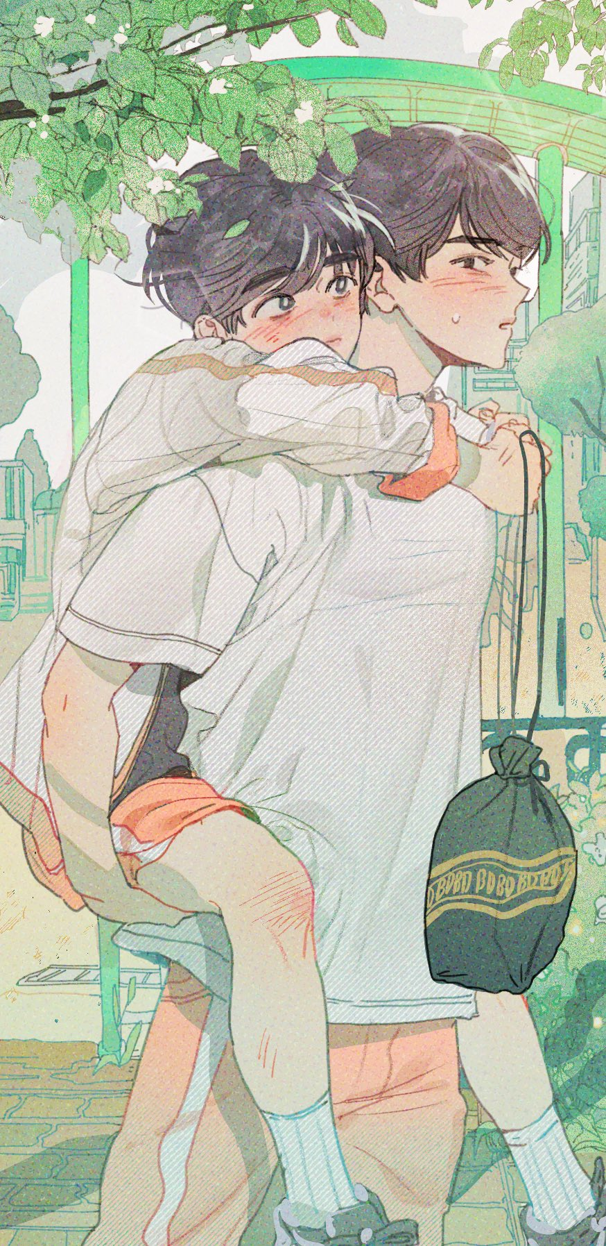 the image shows a young man giving a piggyback ride to a young boy. they appear to be close, perhaps brothers or family friends. the boy has his arms wrapped around the man's neck and his head resting on his shoulder. the man is smiling slightly, and they both look happy. the setting is a park with lush green trees and foliage, suggesting a warm and pleasant day. the art style is reminiscent of anime or manga with soft colors and delicate linework. the overall tone is lighthearted, heartwarming, and innocent.