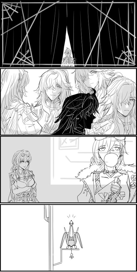 this is a black and white mangastyle comic strip. the top panel depicts a group of people in the background behind a curtain. there are seven people in the panel but only four can be seen clearly. in the next panel, there are four people, a woman with her hands folded in front of her and a big smile, another woman with a straight face standing behind her, and two people in the background. the bottom panel depicts a woman in the foreground and a white bird in the background.