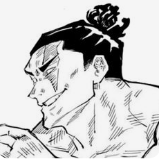 this is a black and white drawing of a sumo wrestler. the man is looking to his right and grinning. his hair is tied in a top knot and he is wearing traditional sumo attire.