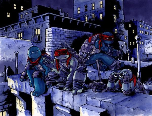the image is a watercolor painting of four teenage mutant ninja turtles. the turtles are standing on a rooftop in a city setting at night. the turtles are all wearing their signature bandanas and weapons. leonardo is in the front, looking forward. donatello is behind him, looking to his right. michelangelo is to donatello's left, looking forward, and raphael is to leonardo's right, looking down. the background is a dark cityscape. there is a lot of detail in the painting, such as the turtles' weapons, their facial expressions, and the cityscape. the painting is done in a dynamic style, giving it a sense of action and energy. it is a great example of the teenage mutant ninja turtles style, and it would make a great piece of fan art for any tmnt fan.