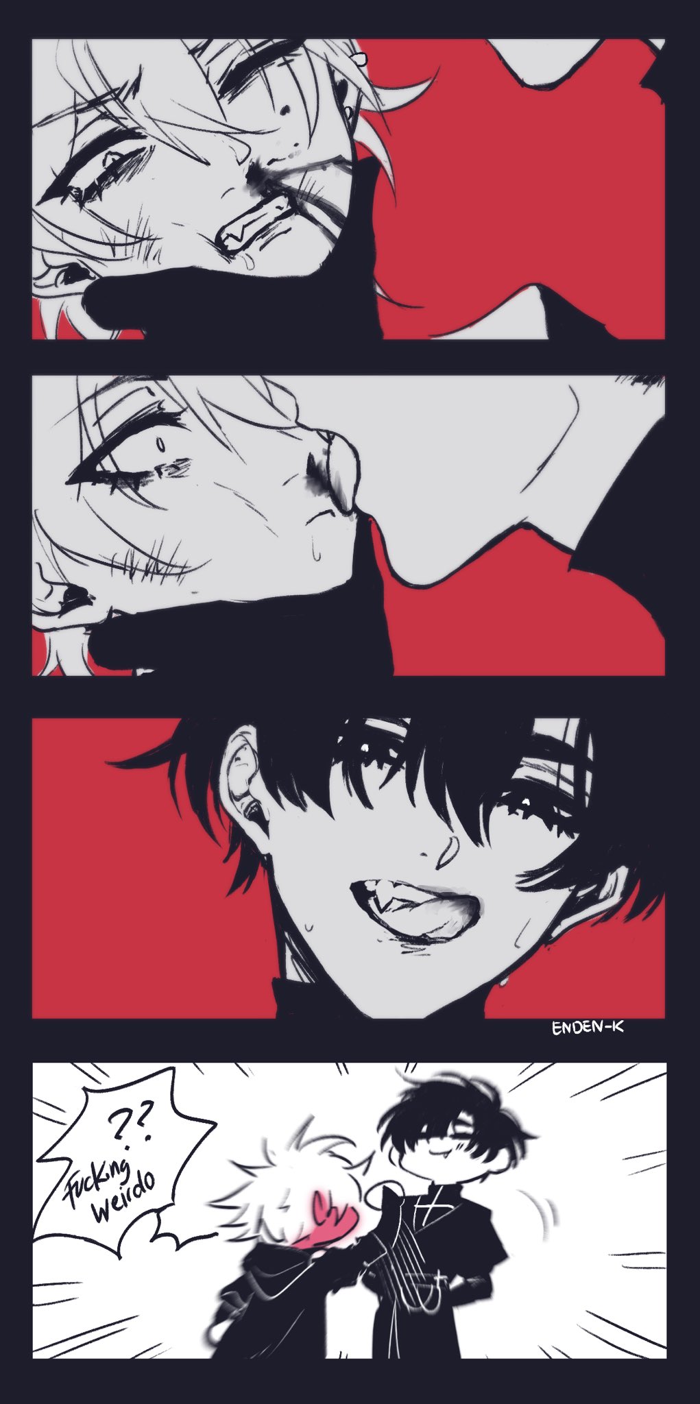 the image is a comicstyle illustration of four panels showing a boy with white hair and red eyes making a kissy face, then another boy with black hair making a weird face while holding a cigarette. the image ends with the boy with white hair making a funny face while the boy with black hair gives him a weird look. the image is full of energy and humor, and the characters are drawn with exaggerated features that are very typical of the manga style.