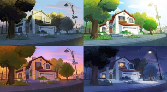 four cartoon illustrations depict a house in a suburban neighborhood under different lighting conditions, showcasing the transition from morning to night.
