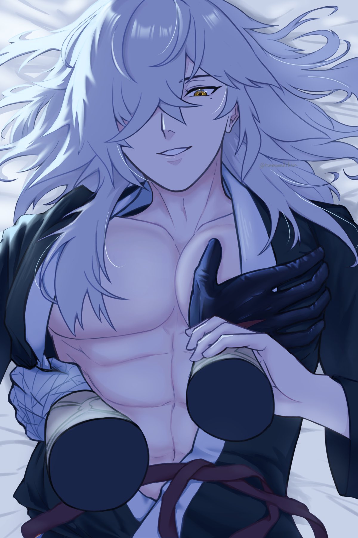 an anime male with long white hair lays down, his white chest is exposed, and his long black hair covers his upper body. his right arm is on the right side, holding a black sword, his left hand holds the sword. the character is looking at the viewer, his smile appears to be a playful one. the background is a light white/blue sheet.
