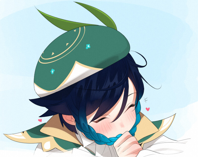 a closeup illustration featuring venti, a male character from the video game genshin impact. he has dark blue hair with a teal braid, fair skin, and is blushing with his eyes closed.  he's wearing his signature green hat and a white and goldtrimmed outfit. two small pink hearts are drawn near his face. the background is a solid light blue.