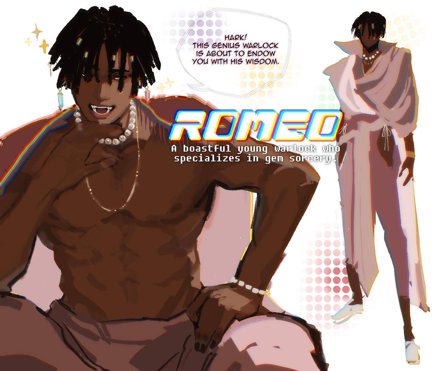 this image features an animestyle character with dark skin wearing a pink outfit, holding a pose that seems to be a spell. he is wearing a colorful string around his neck and a rainbow colored string in the background. the image is stylized and colorful. there are text bubbles surrounding the character with descriptions about the character's story and personality.