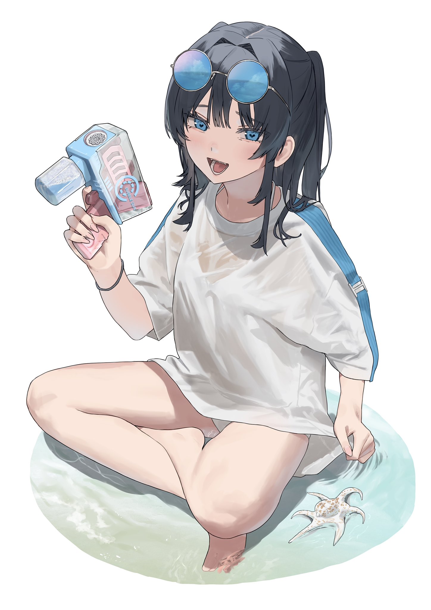 the image is a digital painting of an anime girl sitting in shallow water at the beach. she's wearing a wet white tshirt, blue sunglasses, and has dark hair tied back in a ponytail. she's holding a water gun and smiling playfully. a small starfish is visible near her in the water. the style is soft and charming.
