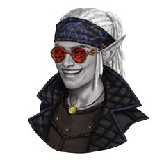 the image is a digital illustration of a grayskinned elf with white dreadlocks. they are wearing round red sunglasses, a blue bandana, a black leather jacket, and a gold necklace. the elf is smiling slightly, with a mischievous glint in their eye.
