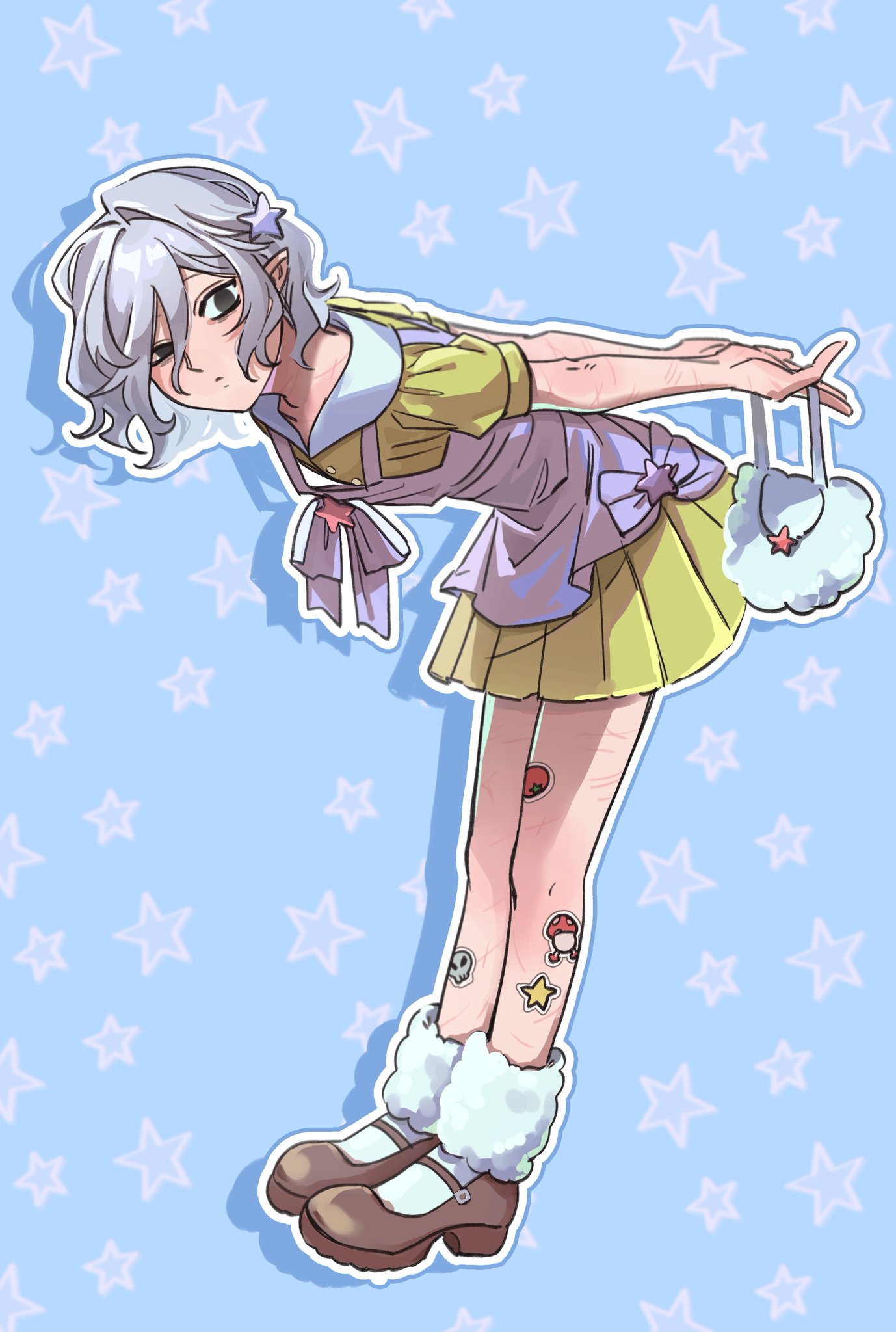 the image is a digital illustration of a cute anime girl with long silver hair and pointed ears. she's wearing a pastel yellow and purple dress, fluffy white boots, and carrying a cloudshaped handbag.  the background is light blue with a pattern of pastel stars.  the girl has several small tattoos on her legs, including a mushroom and a skull. she is bending forward, almost bowing. the overall style is kawaii and pastelthemed.