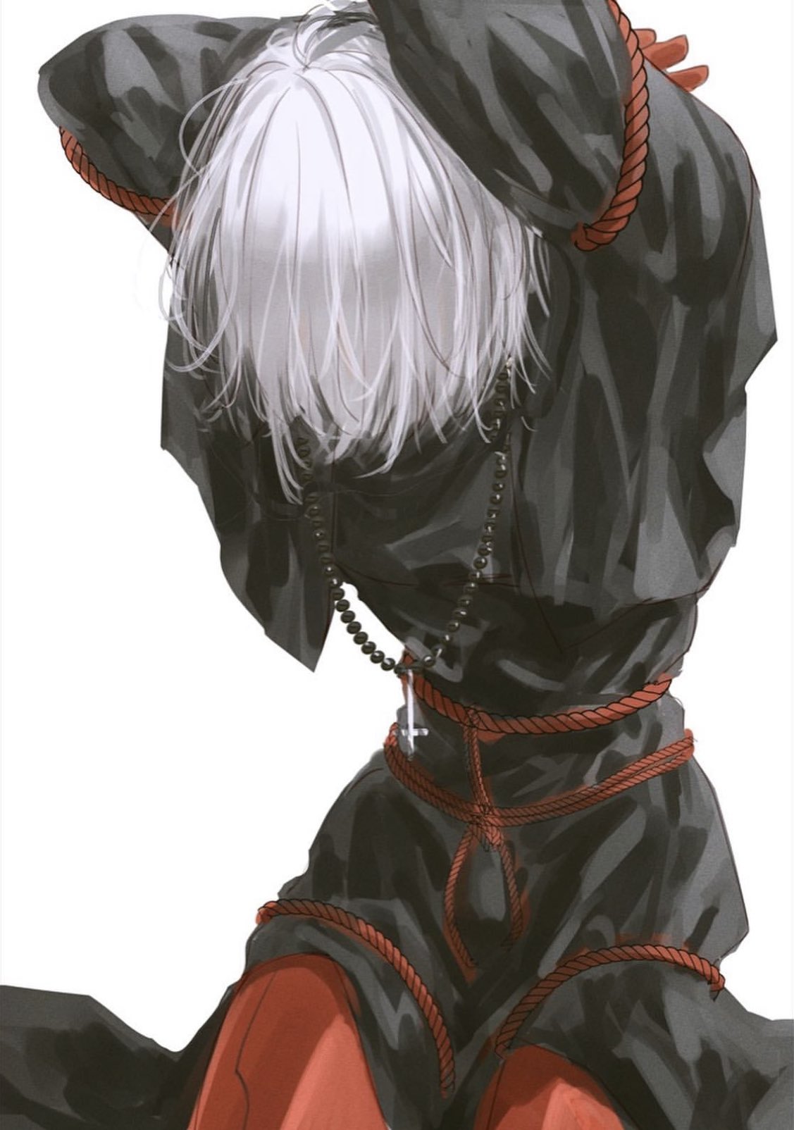 an anime girl with long white hair is tied up with red rope. she is wearing black clothes and has a dark and mysterious look on her face. the illustration is very detailed and full of fantasy.