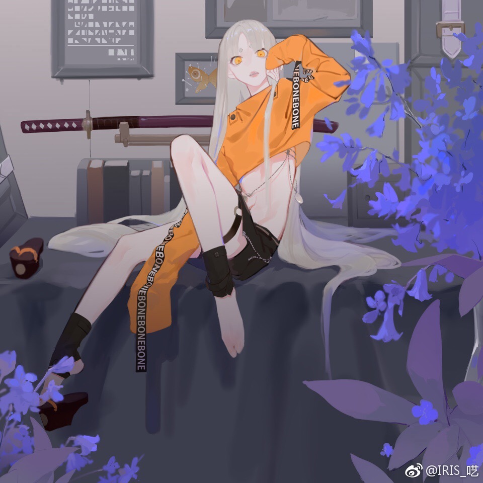 a digital illustration of a young woman with white hair wearing an orange shirt and black pants. she is sitting in a room with purple flowers. she has a confident and playful expression on her face. the illustration is drawn in a vibrant anime style.