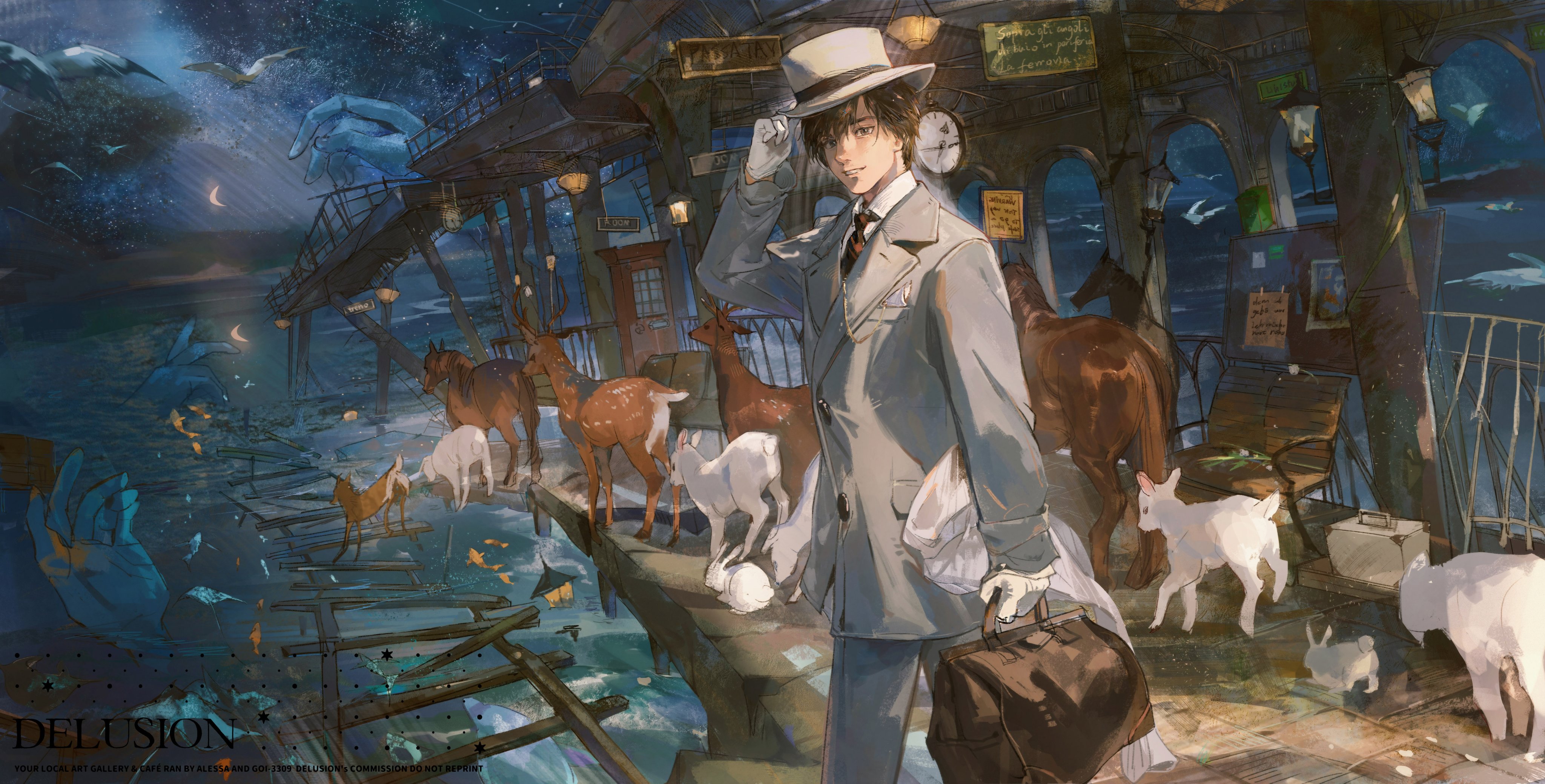he image is a digital painting depicting a man in a suit and hat standing on a dilapidated dock at night. the scene is surreal and dreamlike, with various animals surrounding him, including deer, goats, horses, and a sheep. the sky is filled with stars and a crescent moon, and the water below is dark and mysterious. the overall atmosphere is atmospheric and dreamy, with a sense of mystery and wonder. the title "delusion" suggests that the scene may be a representation of a dream or an altered state of consciousness.