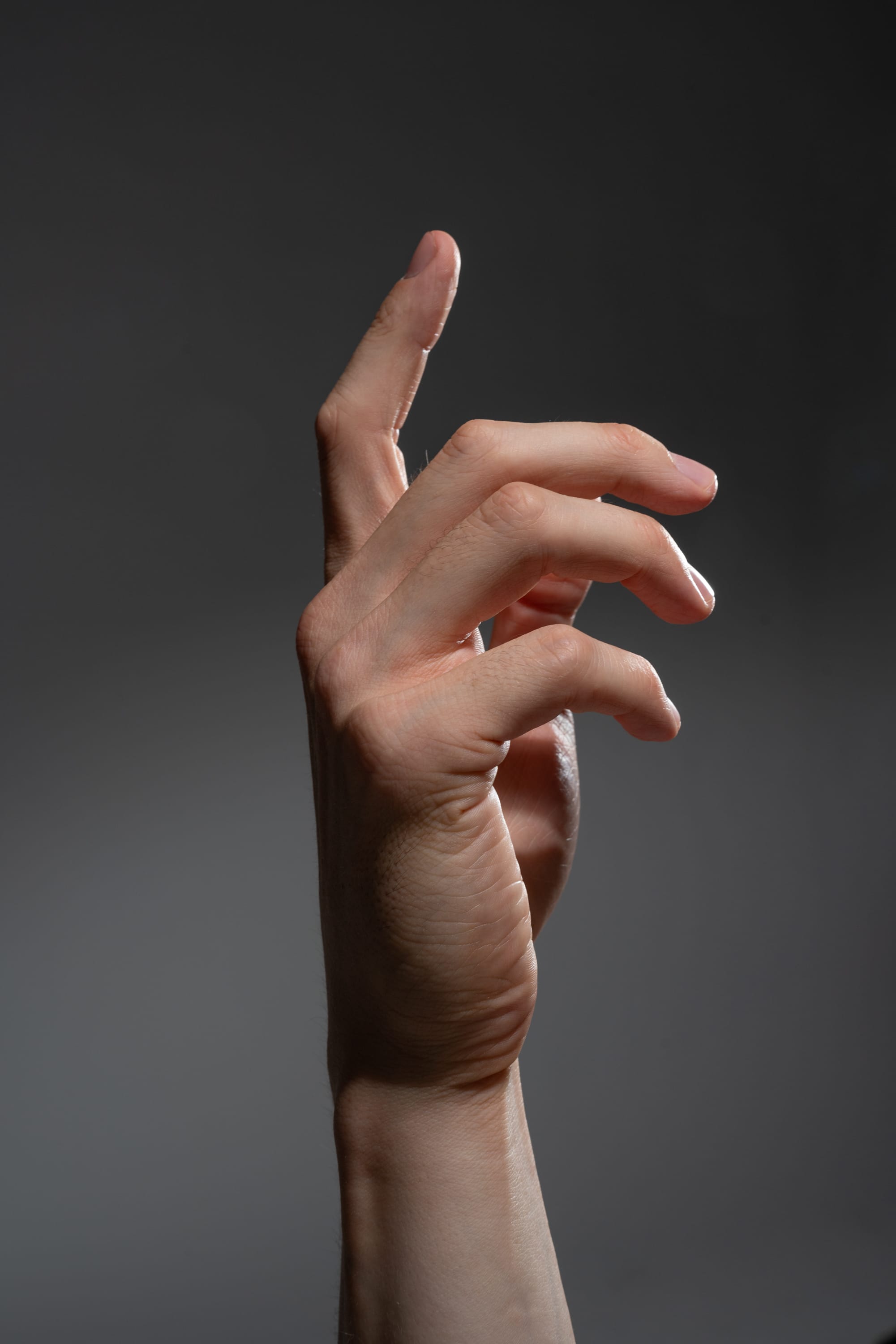 the image shows a right hand with the index finger pointing up and the other fingers curling inward. the background is a neutral grey, and the lighting is soft and even, highlighting the details of the hand.