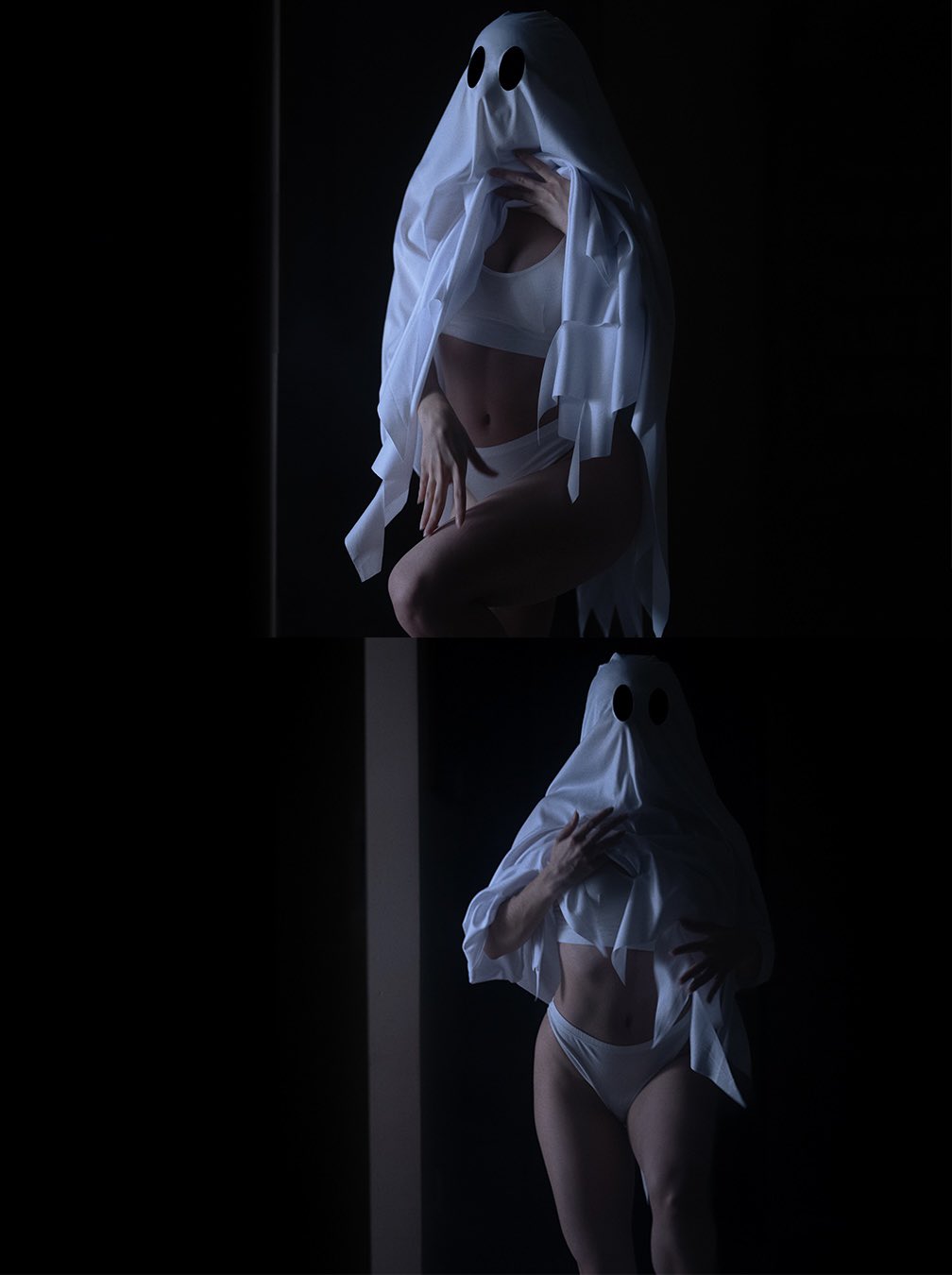 the image shows a woman posing in two different stances, both wearing white lingerie and a white sheet with eye holes cut out to resemble a ghost. the background is predominantly dark. the image appears to be artistic and stylized, potentially themed around halloween or a provocative take on the ghost costume.
