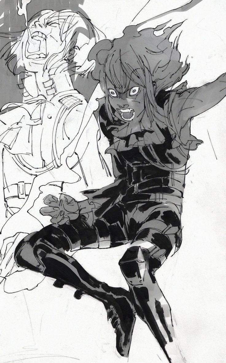 the illustration features two anime characters in a dynamic pose. the character on the left appears to be a woman with long hair, wearing what looks like a suit or armor. she is screaming with her mouth open and her eyes wide. the character on the right is a girl with short, spiky hair and a fierce expression on her face. she is wearing a dark, possibly leather outfit with a belt that could be carrying a weapon. the girl is in the midst of attacking the woman, possibly with a kick, her leg extended towards the woman's head. the illustration is drawn in black and white with a dynamic, energetic style. the scene is full of action and intense emotion, creating a feeling of suspense and excitement.