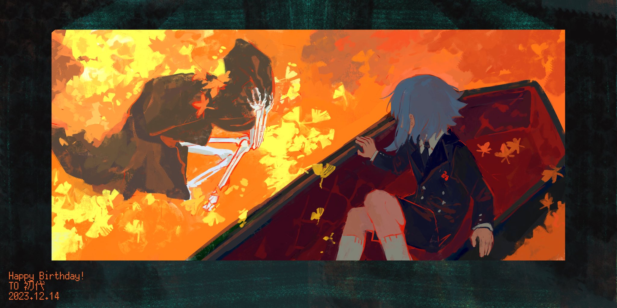 an anime girl sits in a red coffin in a field of autumn leaves.  a skeleton wearing a black cloak is crouched in the foreground.  the background is a warm orange color, suggesting the time of year is autumn. the girl appears to be in distress and the skeleton may represent death. the illustration has a melancholy and gothic vibe.