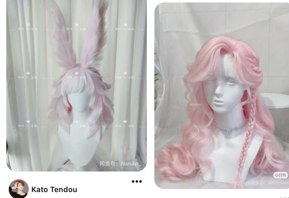 two different stylish pink wigs are displayed on white mannequin heads. the first wig features long, wavy pink hair with a braid and a center part. the second wig is a shorter, curly pink bob with white bunny ears.  both wigs are photographed against a white background.