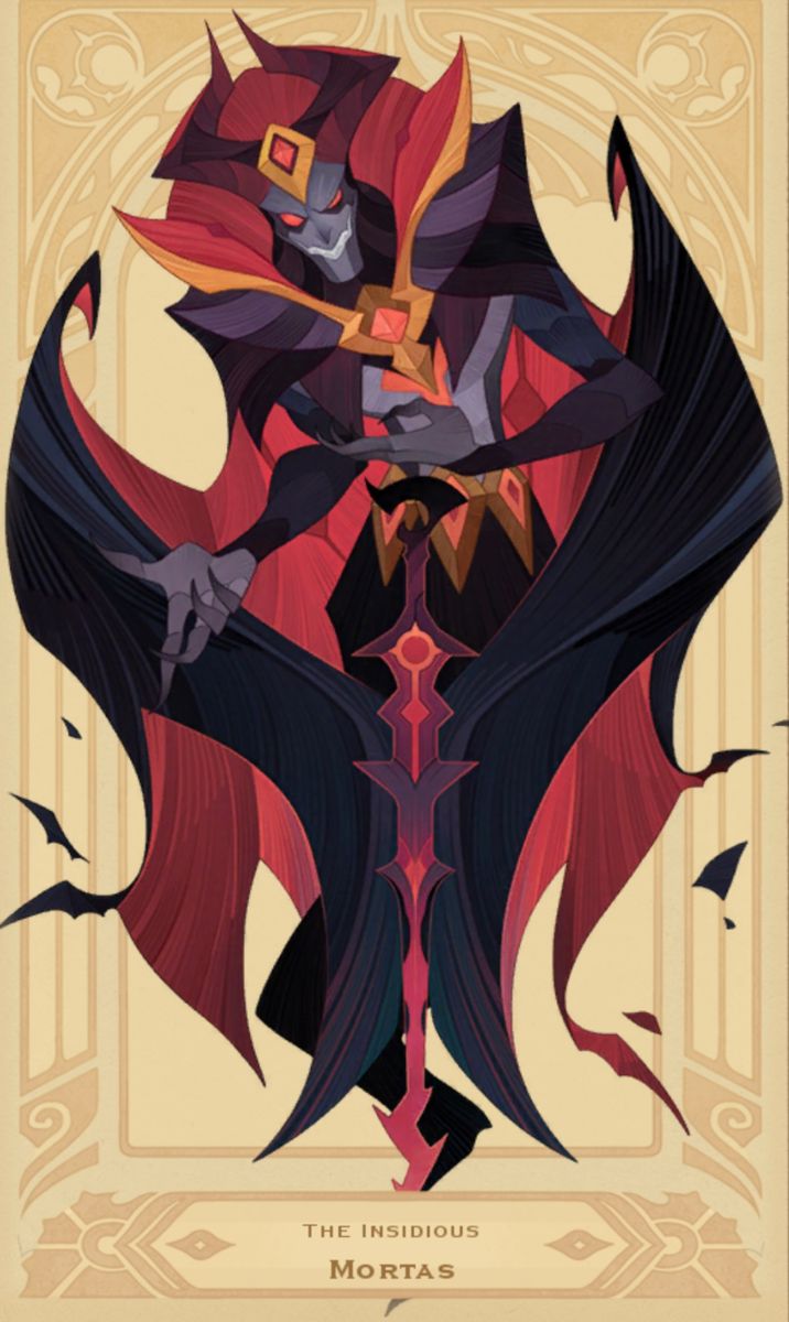a fulllength illustration of a male demon, mortas, set against an ornate gold background. he has dark purple skin, red eyes, and wears a red and black outfit with gold accents.  large black wings sprout from his back, and he holds a large, stylized sword pointing downwards. the image has a dark, dramatic feel.