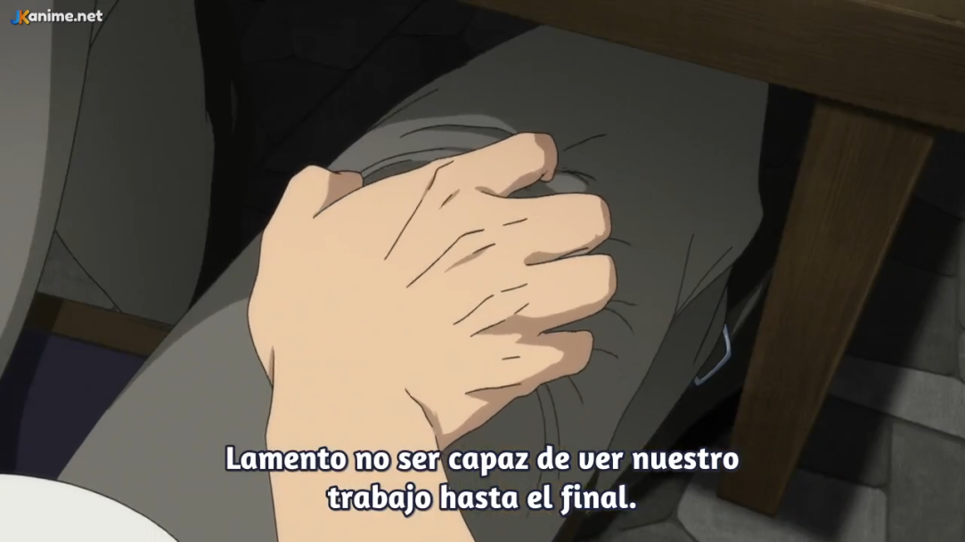 a closeup shot of a hand resting on a cloth bag held between someone's legs underneath a table. the hand seems to be holding onto the bag with a sense of longing. the image conveys a sense of sadness, perhaps a goodbye or farewell. the text overlayed on the image translates to: "i regret not being able to see our work through to the end."