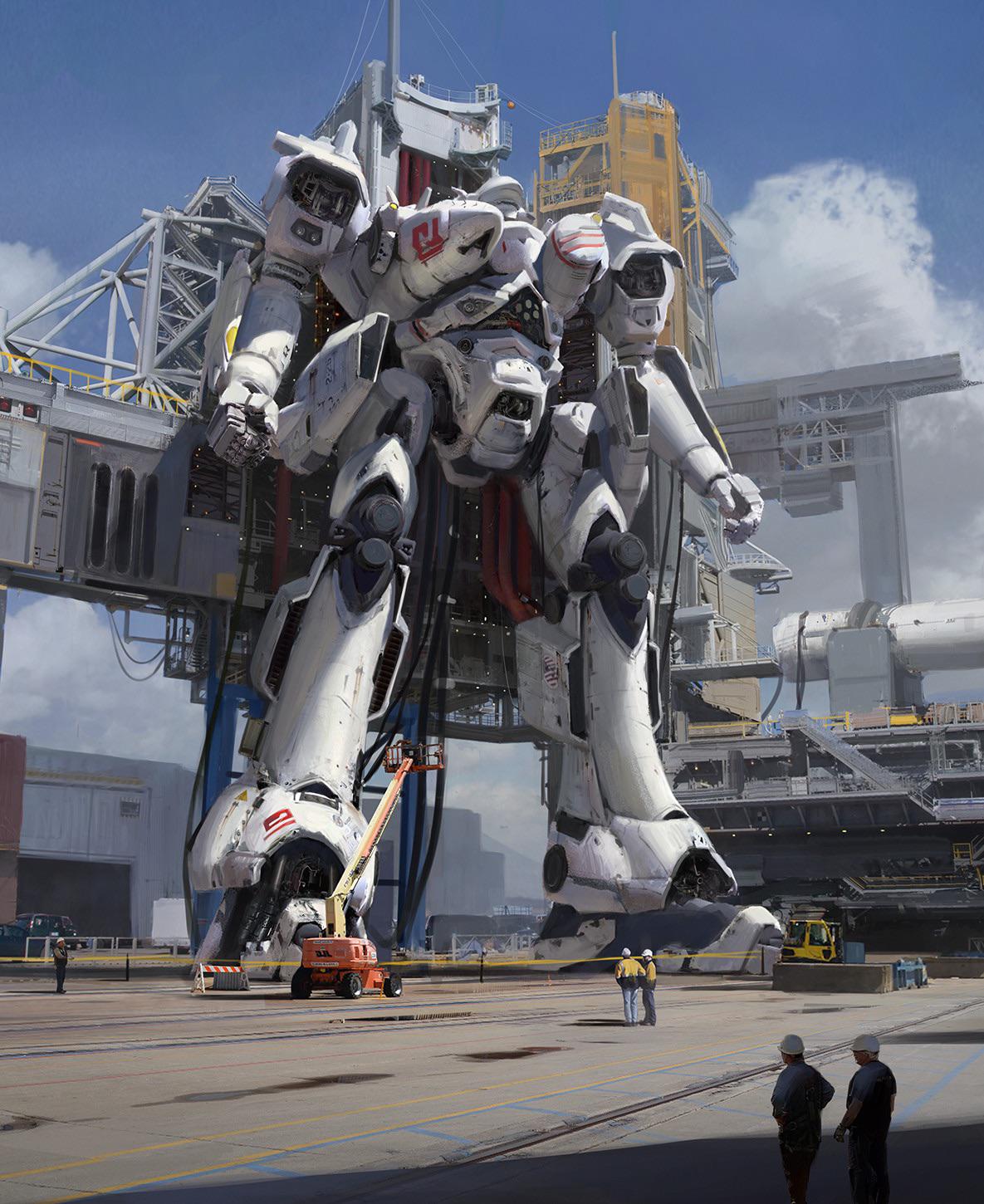 a giant white mecha stands in a futuristic city shipyard, towering over workers and buildings. the mecha's metallic exterior is detailed with red piping and a intricate network of cables. it appears to be under construction, with workers and vehicles surrounding it. the city's infrastructure reflects its scifi nature, with platforms, cranes, and other machinery. the sky is a vibrant blue, and the overall scene is one of bustling activity and technological advancement.