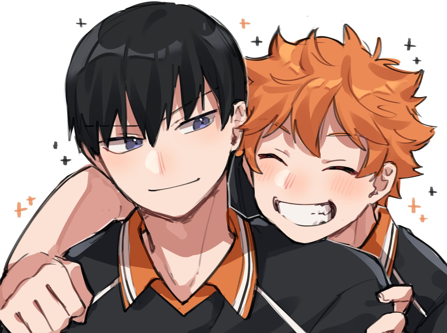the image is a piece of fanart depicting two popular characters from the anime series haikyuu!!, kageyama tobio and hinata shoyo.  they are drawn in a cute, slightly chibi style with soft features and blushing cheeks. hinata is embracing kageyama from the side, with both characters smiling broadly. they are dressed in their volleyball team uniforms (black and orange). the background is simple white with small plus symbols scattered around, adding a touch of whimsy. the overall style is soft, warm, and suggests a close friendship or romantic relationship between the characters.  the art style is reminiscent of a digital drawing or painting.