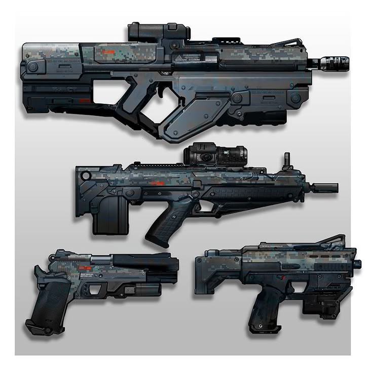 the image showcases a collection of futuristic, scifi gun designs. there's a large bullpupstyle rifle at the top, followed by a smaller rifle, a pistol, and a compact pistol or submachine gun. all firearms share a similar aesthetic with a dark digital camouflage pattern. some have mounted optics. the overall design suggests a military or tactical application in a futuristic setting.