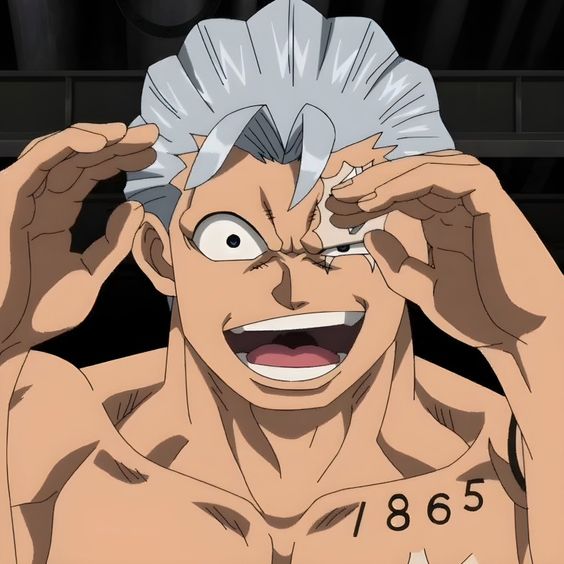 this is a closeup illustration of a muscular man with gray hair and a large grin. he has a scar over his right eye and is covering his left eye with his hand as if surprised. he has the number 1865 tattooed on his left pectoral muscle.