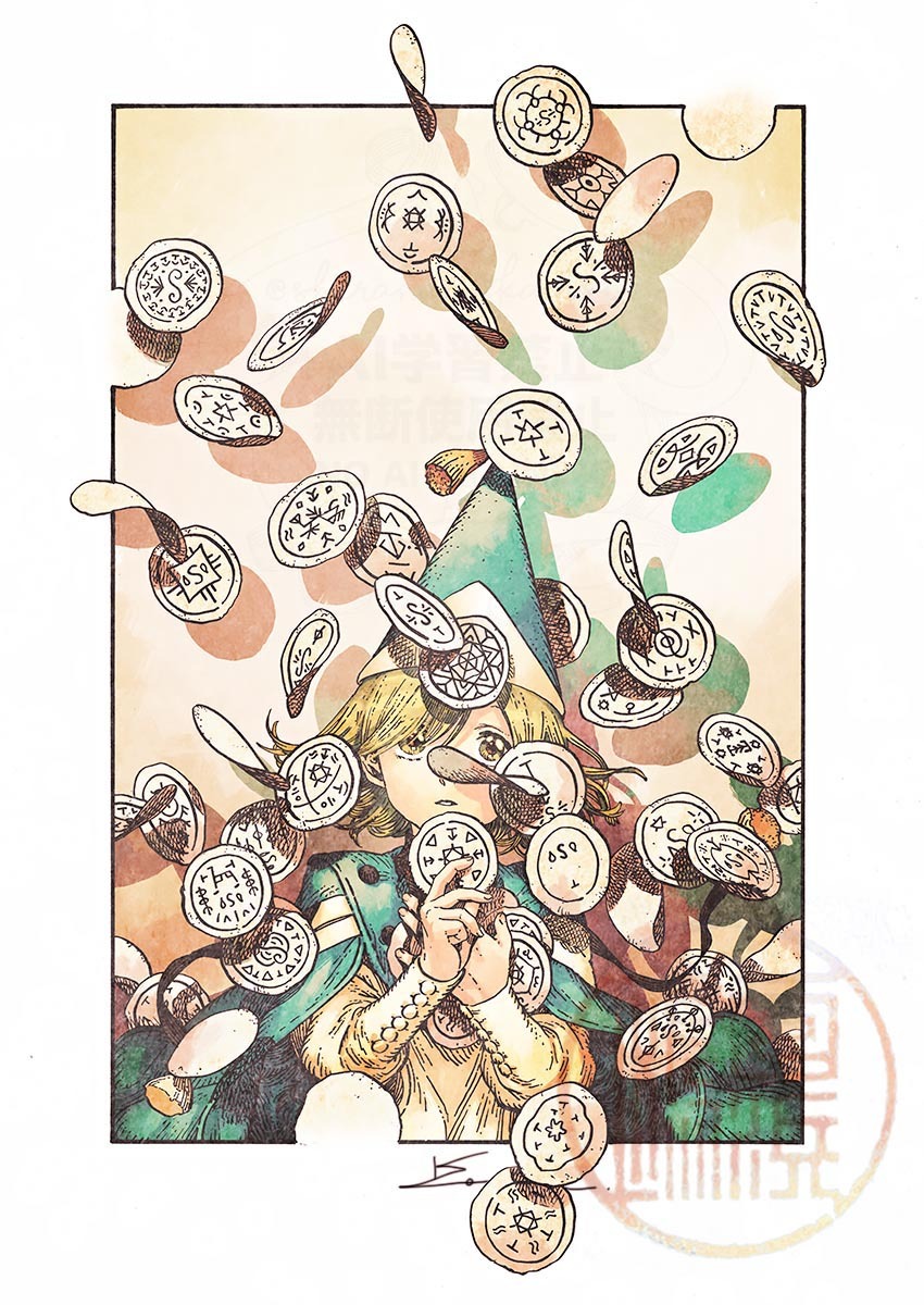 the image is a digital painting or illustration in a style reminiscent of fantasy artwork with watercolor elements. it depicts a young girl, possibly a magical character, with blonde hair wearing a conical cap and a cloak.  she is surrounded and seemingly showered by many small, intricately detailed coins or tokens with various runelike symbols inscribed on them. the overall color palette is warm and muted, with pastel shades of beige, green, and brown. the background is a soft, light peach or cream color. the style is detailed and whimsical, suggesting a magical or fantastical setting. the artist's signature is visible near the bottom.