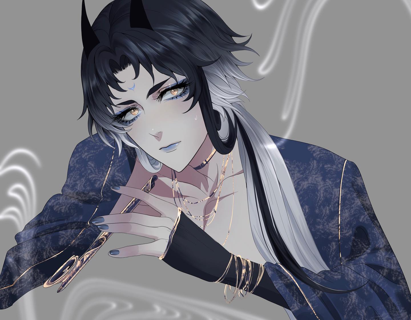the image showcases a digital illustration of a young man with striking features.  he has long, flowing hair, black on one side and white on the other.  he has pale skin, captivating gold eyes, a small, blue marking above his right eyebrow, and blue lips. adding to his enigmatic allure are a pair of small, black horns peeking out from his dark hair.  he is adorned with elaborate gold jewelry, including necklaces and bracelets.  he wears a dark, ornate robe with gold accents, leaving his chest partially bare.  the background is a simple gray, with wispy white lines that could represent smoke, adding to the mystique of the portrait.