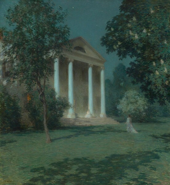 the image is a painting titled "the lady of the mansion by moonlight" by george elgar hicks. it depicts a classical building with white columns under a night sky, presumably illuminated by moonlight. a woman in a long, white dress stands on the lawn in front of the building. trees frame the building, and the scene is bathed in soft, greenishblue light. the overall impression is one of tranquility and mystery.