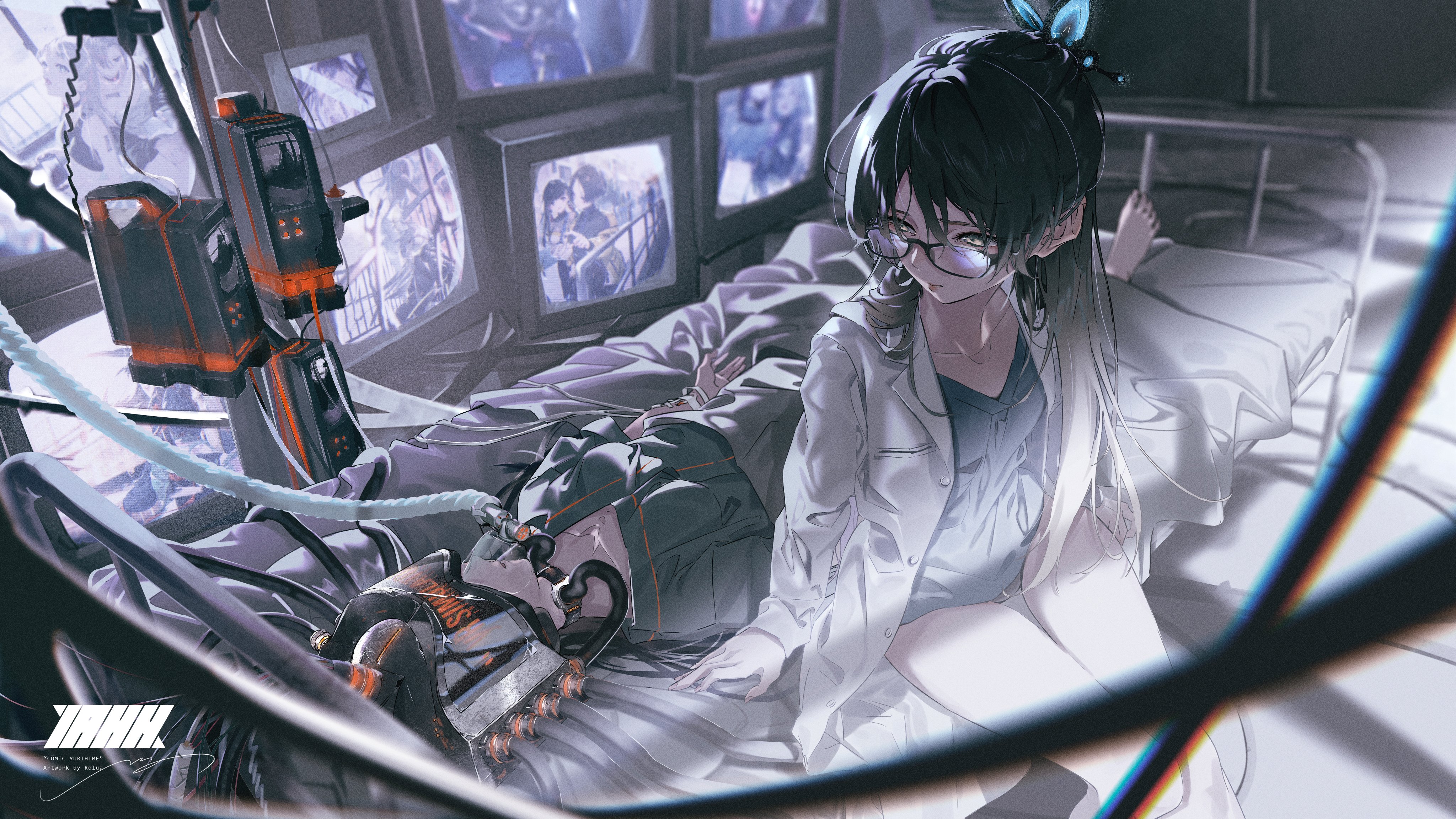 the image is a digital illustration of an anime girl with long black hair, blue eyes, and glasses wearing a white coat. she is sitting on a hospital bed, and there is medical equipment in the background. the image has a futuristic cyberpunk aesthetic, with glowing lights and intricate details. the girl appears to be in a hospital, and she may be a doctor or a patient. the illustration is detailed and wellcrafted, with a strong sense of atmosphere.