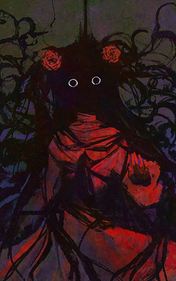 a haunting, stylized painting of a dark figure against a black background. the figure's face is completely obscured by shadow, save for two large, white eyes that stare directly at the viewer.  the figure is adorned with two red roses on either side of its head and is draped in flowing, red fabric. long, black tendrils emanate from the figure's head and body, blending into the surrounding darkness. the overall effect is one of unease and mystery.