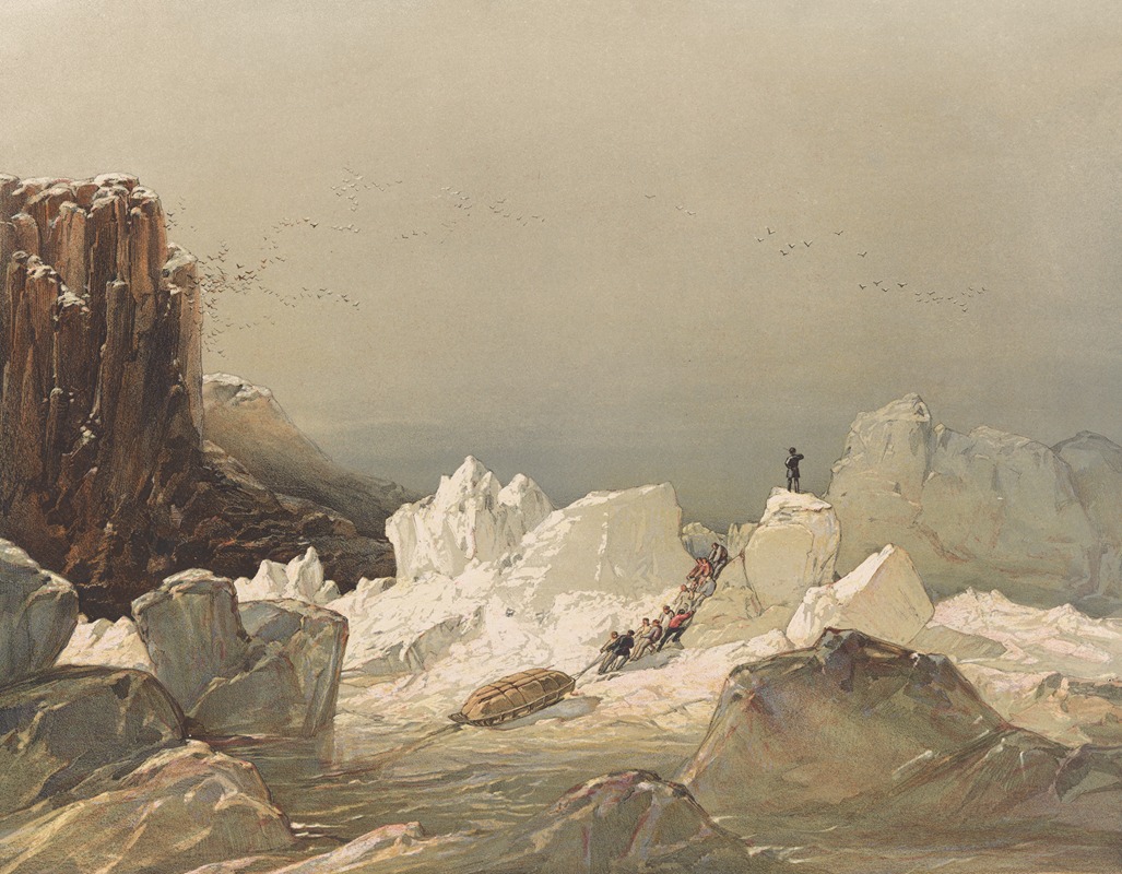 a watercolor illustration depicts a scene of men hauling a boat across an icy landscape. the landscape includes large icebergs and rock formations. a flock of birds flies in the sky. a man stands atop an iceberg, possibly scouting. the overall atmosphere is one of a difficult and dangerous expedition in a polar region.