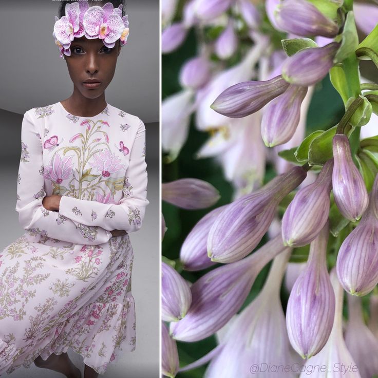 a woman in a pink floral dress and a pink orchid headband poses for a studio photo. the dress is made of sheer fabric with a floral pattern, and the headband is adorned with orchids. she looks elegant and stylish in this spring or summer fashion look. the background is a simple white wall, allowing the woman's outfit and beauty to be the focus of the image. there are also purple flowers on the right side of the image. the woman's hair is down, adding to the overall romantic and feminine aesthetic.