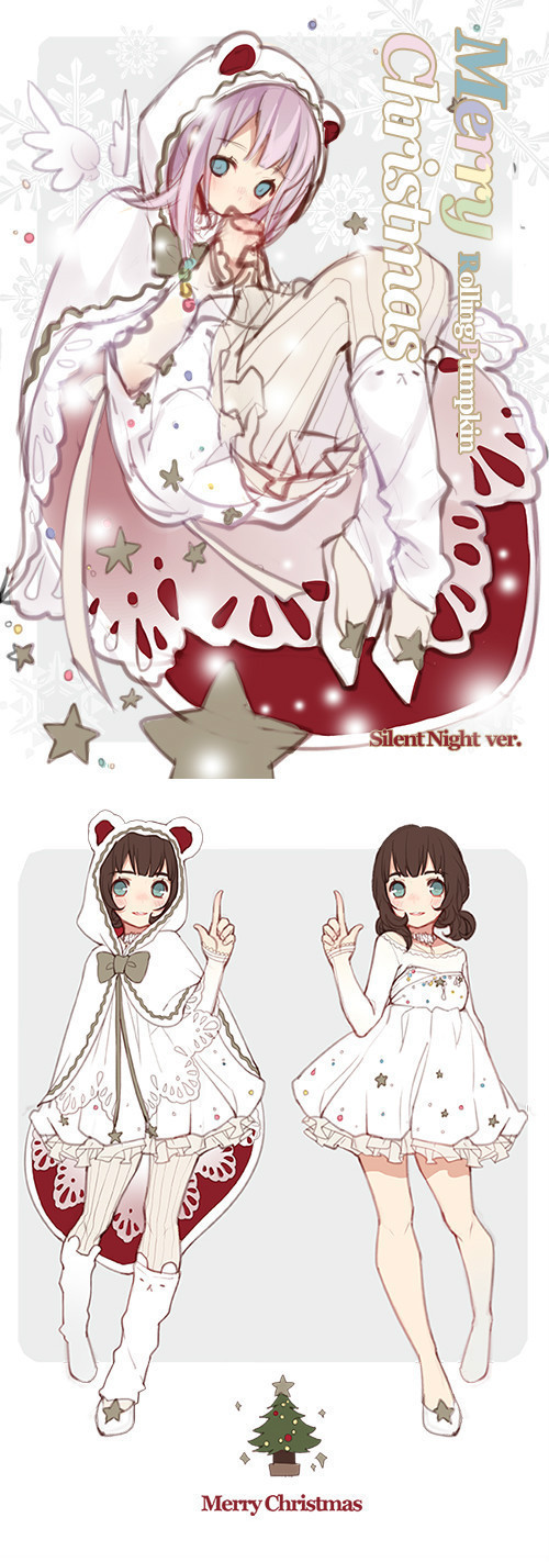this is a drawing of a girl in a white and red christmas outfit. she has a white santa hat and a red and white dress with white stars all over it. she is standing in front of a white and red background that says "merry christmas" and "silent night ver."  the girl is smiling and appears happy. this image is very festive. there is a smaller version of the same image with a different outfit. the girl in the smaller image is wearing a white and red winter coat and a white dress with red and white stars. the background in this smaller image is white.  both girls have dark eyes, light brown hair, and pale skin. the images are very well drawn and they are both very cute.