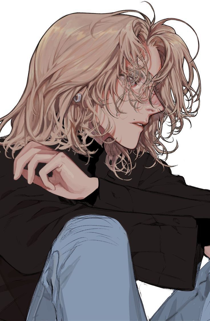 an animestyle illustration features a lightskinned male with messy, blonde hair partially obscuring his face. he has a silver earring on one ear. he's dressed in a black turtleneck and blue jeans, sitting with one hand resting on his arm. the character is looking down in a profile view. the image is set against a white background.