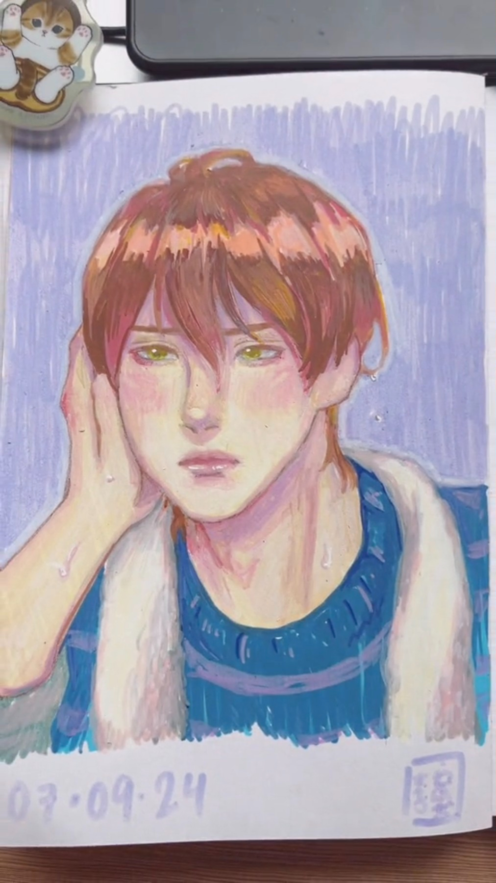 this is a drawing of a young man with brown hair. he is looking downwards with a sad expression, and his hand is on his face. the drawing appears to be done with coloured pencils, and the background is purple. the man is wearing a blue sweater with a white collar and some faint lines of tears are visible. the drawing has a date and some other writing on the bottom right corner of the page.
