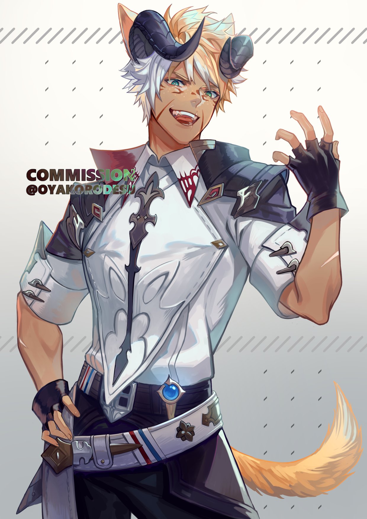 a digital illustration of an anime male character with cat ears and horns, he's wearing a white shirt with intricate designs, a black belt with a sword, and black gloves. he has white hair and a smirk, and his tail is curled around the corner of the image. the background is a subtle, gray pattern of lines.