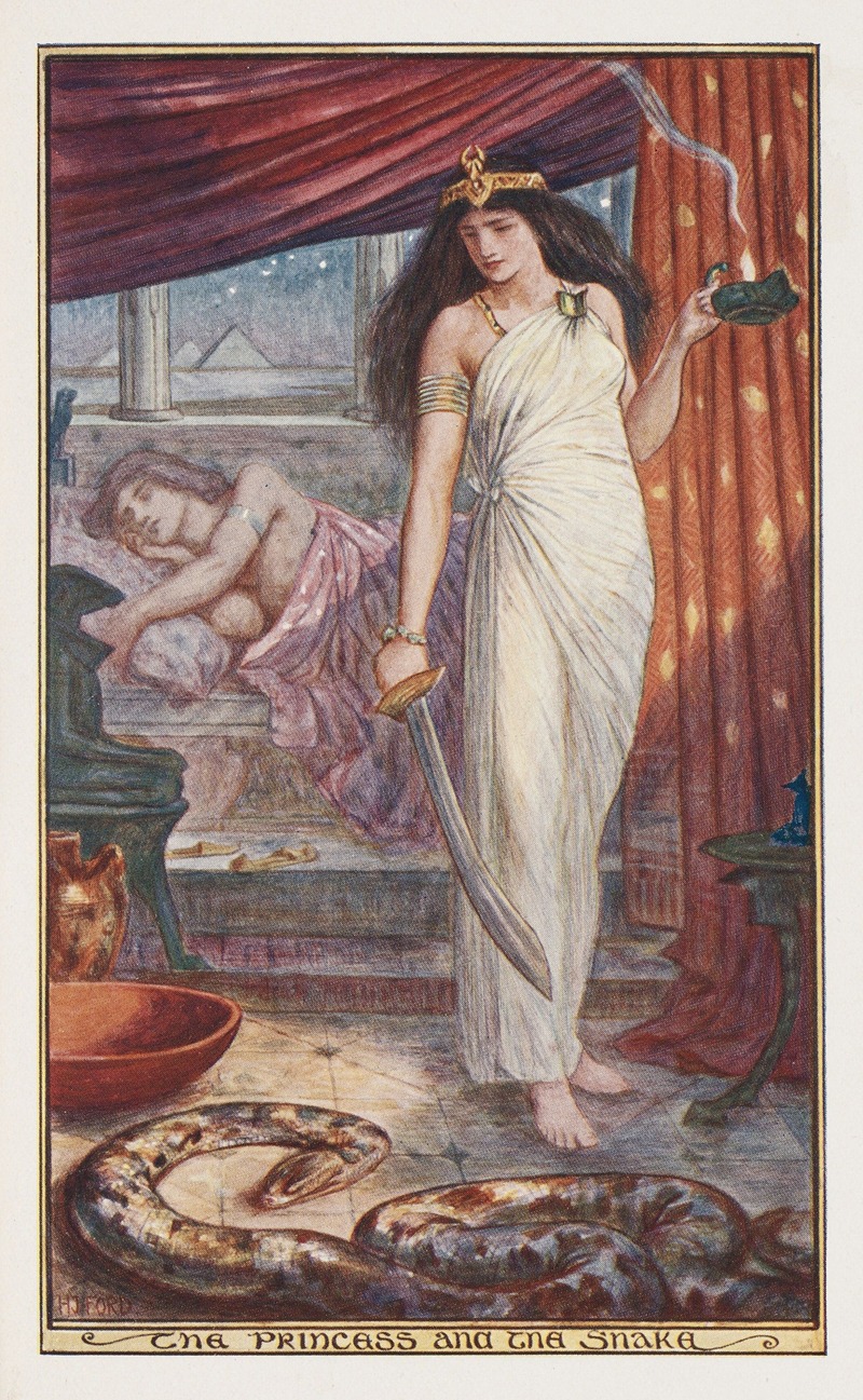 illustration titled "the princess and the snake" showing a princess in an egyptian setting. she is holding a sword in one hand and an oil lamp in the other. she is standing in front of a large snake. behind her is a sleeping man on a raised platform. in the background are pyramids visible through columns.