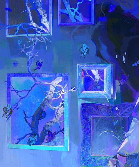he image is a vibrant and surreal artwork dominated by various shades of blue.  it features several ornate picture frames, each containing a painting of a bare, stylized tree branch and some butterflies. the frames themselves seem to be floating on a light blue wall. some butterflies also appear to fly freely in the space between the frames. the style is dreamlike and almost abstract, with a focus on color and texture, conveying a sense of mystery and ethereal beauty. a hint of a figure wearing a lightcolored garment is partially visible in the bottom right corner, adding to the intrigue of the artwork. the overall effect is one of imaginative depth and artistic skill.