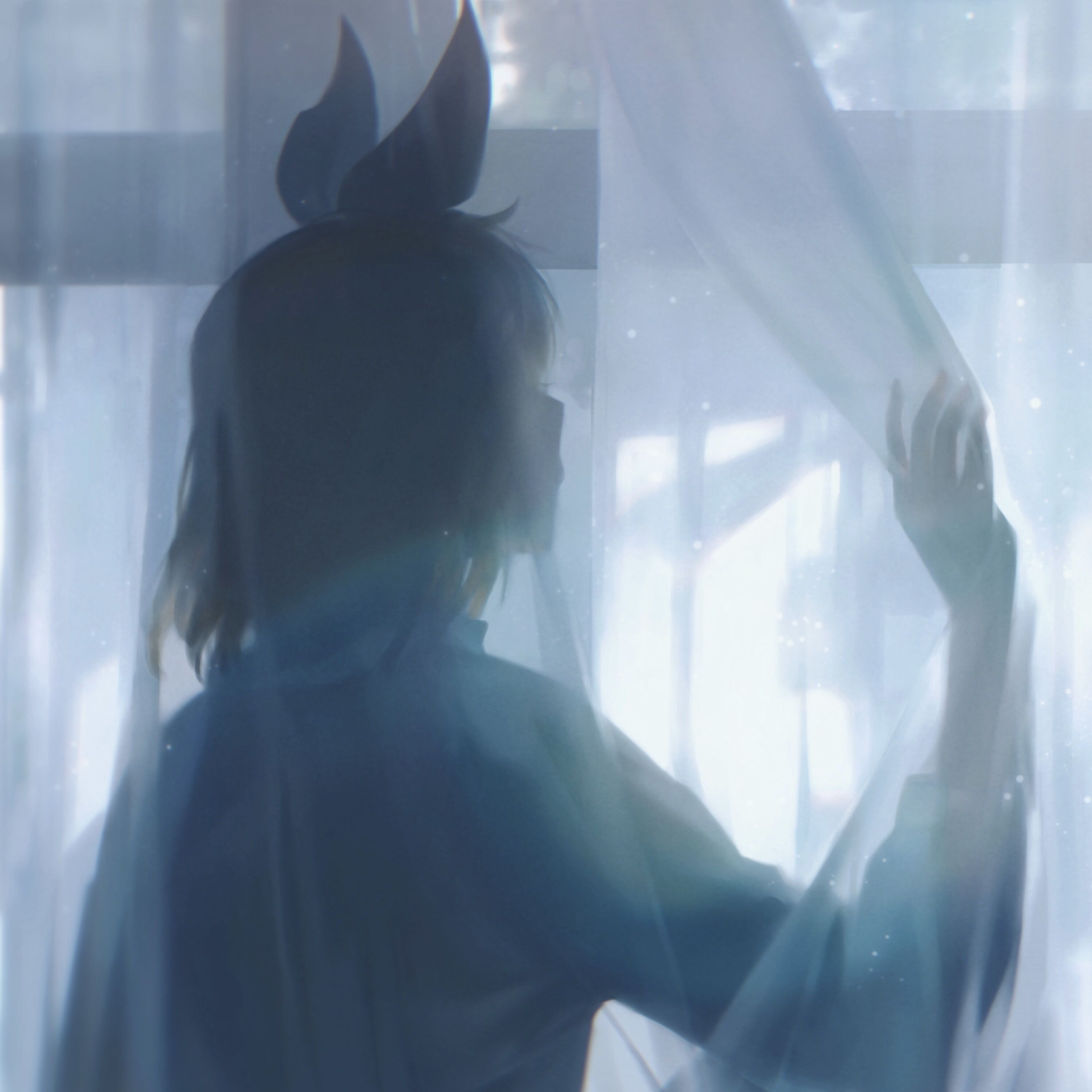 an illustration in anime style shows a woman from the back, standing by a window with curtains, and wearing hair ornaments.