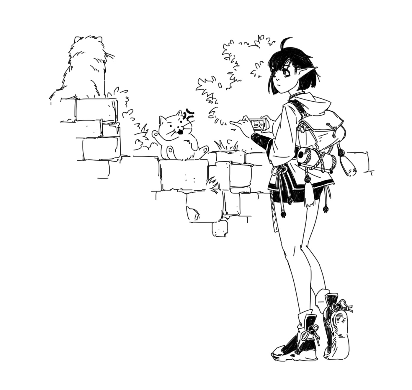 a black and white illustration of an animestyle elf girl standing by a stone wall. she has pointed ears, dark hair, and is wearing a hooded jacket and backpack.  she seems to be looking at or interacting with two cats – one sitting on the wall behind her and a smaller one sitting on the wall in front of her. the scene has a whimsical and slightly magical feel, possibly hinting at a fantasy setting. the style is reminiscent of comic book or manga art. the background includes stylized flowers and foliage.