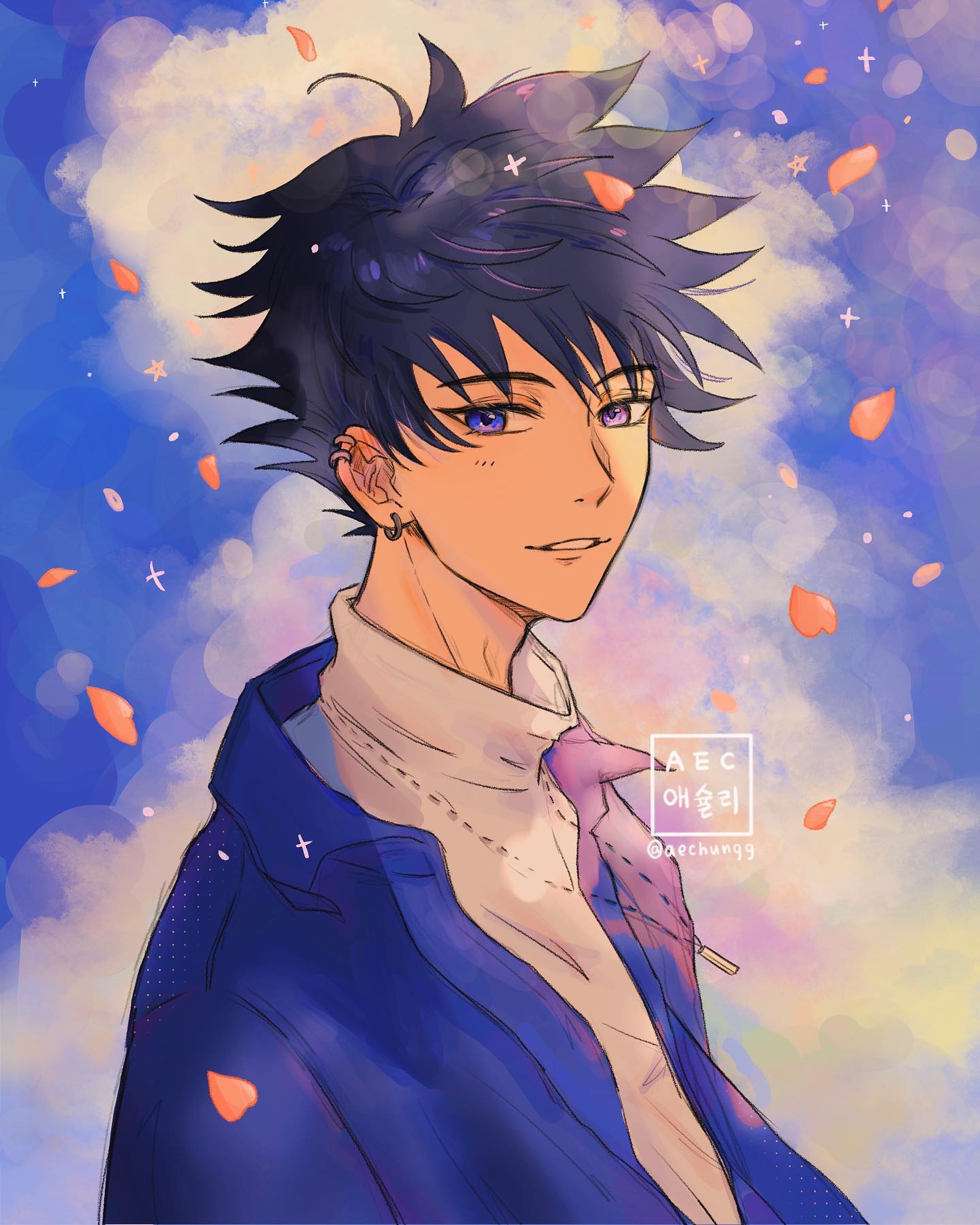 the image is a digital painting or illustration of an animestyle young man. he has short, dark blue hair, purple eyes, and is wearing a blue jacket over a lightcolored shirt.  the background is a soft, pastel palette of blues and pinks, with floating flower petals creating a dreamy and ethereal atmosphere. the art style is soft and painterly, with a focus on gentle shading and blending of colors.  there's a watermark visible with the artist's name or handle.  the overall mood is calm and serene.