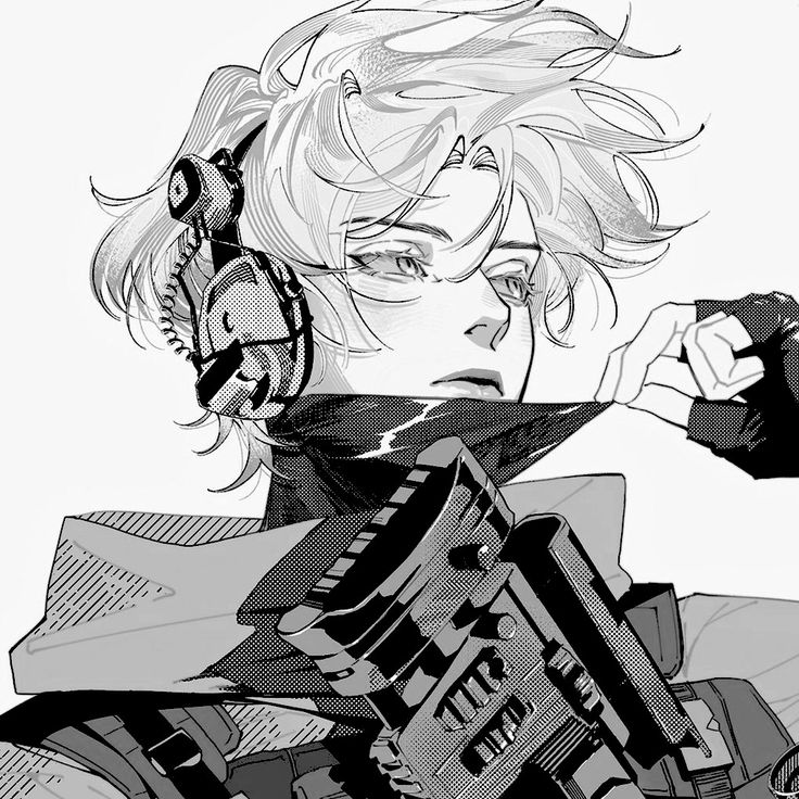 the image is a detailed, closeup black and white digital illustration of an animestyle male character. he has long, styled white hair, and is wearing futuristic, tactical gear including bulky headphones and what appears to be a weapon or piece of equipment strapped to his side.  his expression is serious and his attire suggests a military or cyberpunk setting. the art style is reminiscent of manga or anime, featuring sharp lines, dynamic hair, and dramatic shading.  the overall mood is one of intensity and perhaps action.