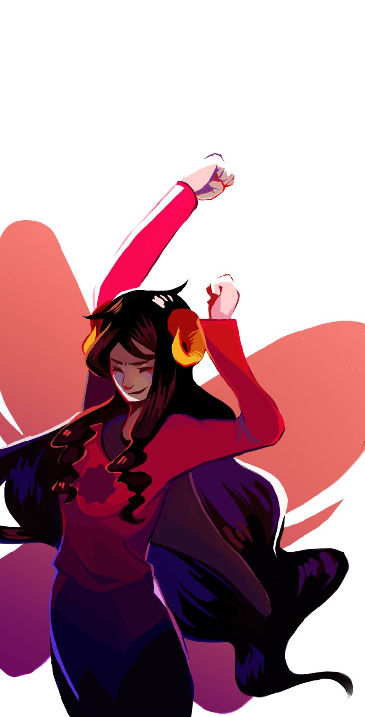 the image shows an illustration of aradia megido from homestuck. she is a female character with black hair and prominent orange horns. she is wearing a red shirt, and a dark cloak is billowing behind her. her right arm is raised with a fist, and she has a determined expression on her face. the background features abstract red shapes. the artwork is likely fan art.