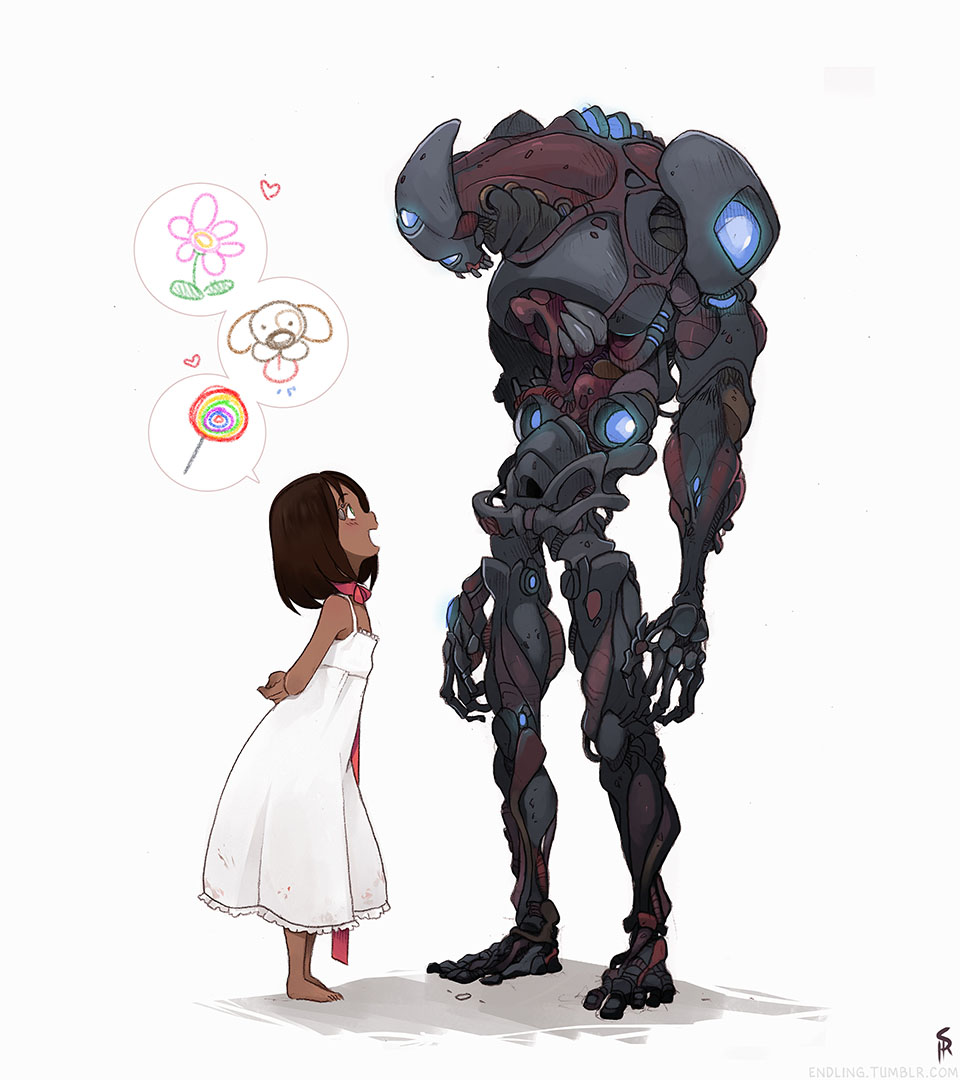 a little girl with short brown hair wearing a white dress is looking up with admiration at a large, complex robot. the robot is looking down at the girl with what appears to be curiosity. the girl's thoughts are illustrated as thought bubbles showing a flower, puppy, and a lollipop.