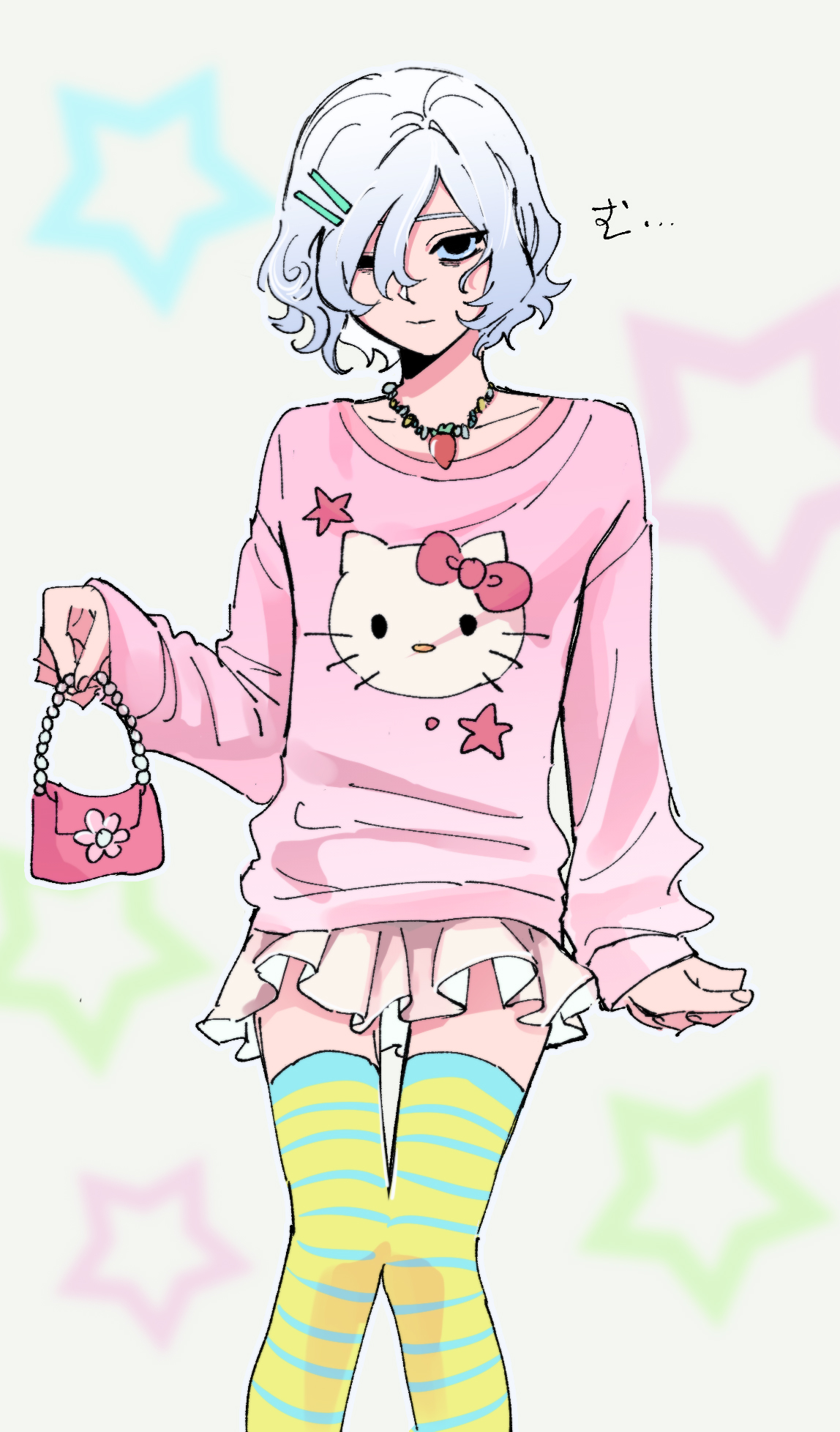 he image features an animestyle illustration of a cute girl with white hair. she's dressed in pastel pink clothing, including a hello kittythemed sweater and a short pleated skirt, and is wearing striped pastel yellow and light blue kneehigh socks. she carries a small pink purse. the background includes light pastel stars, creating a soft and sweet atmosphere. the overall style is kawaii and chibiesque.