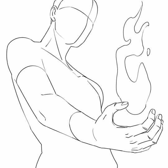 a line drawing of a woman holding a flame in her hands, with an exaggerated pose that suggests power and magic. the woman's body is drawn with a simple outline, while the flame is depicted with more intricate details. the overall style of the drawing is stylized and suggestive, rather than realistic.
