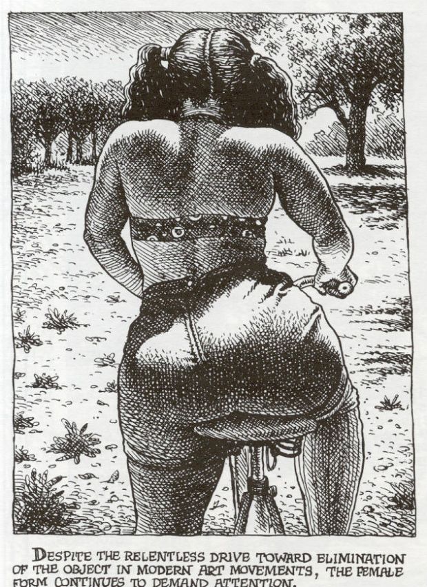 the illustration showcases a woman from behind, her figure emphasized as she sits astride a bicycle. the style is reminiscent of classic pen and ink drawing, with detailed hatching and crosshatching to create depth and texture.  her attire and the caption below the image suggest a commentary on the enduring presence of the female form in art, despite movements that might try to move away from such representations.